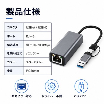 注文コード:82957607 USB-A・USB Type-C両対応 有線LANアダプター 1000Mbps - ZATTA