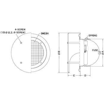 注文コード:82957695,82958779,82958788,82958806 外壁用アルミ製換気口 薄型フラットフード 金網型3メッシュ 防火ダンパー付 - 西邦工業