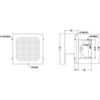 注文コード:82957711,82957975,82958280,82958745 外壁用アルミ製換気口 角型フラットフード 角金網型10メッシュ 防火ダンパー付 - 西邦工業