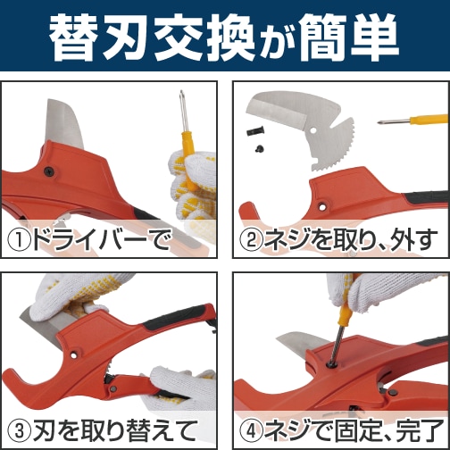 替刃交換が簡単 1.ネジを取り外す 2.刃の取り替え 3.ネジで固定 4.交換完了