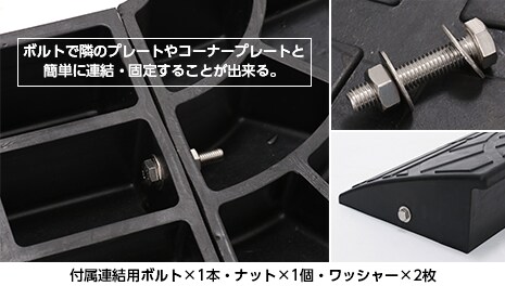 ボルトで隣のプレートやコーナープレートと簡単に連結・固定することができます。付属用連結ボルト×1本・ナット×1個・ワッシャー×2枚