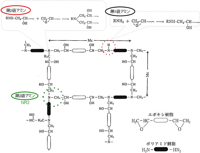 図5-45 エポキシ、ポリアミド樹脂の橋かけ反応と形成される網目の化学構造