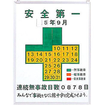 記録-450 無災害記録表 日本緑十字社 安全第一 連続無事故日数 縦600mm