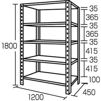 1200x1800mm 5段ボルトレススチール棚 - エスコ