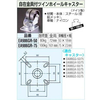 50mm 自在金具 ツインホイール キャスター エスコ
