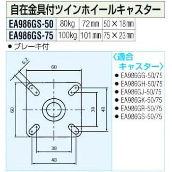 50mm ブレーキ付 ツインホイール キャスター エスコ