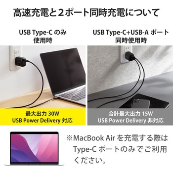 スマホ充電器 AC充電器 タイプC×1ポート USB×1ポート PD 30W GaN 小型 軽量 USBコンセント エレコム