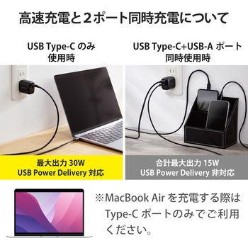 スマホ充電器 AC充電器 タイプC×1ポート USB×1ポート PD 30W GaN 小型 軽量 USBコンセント エレコム