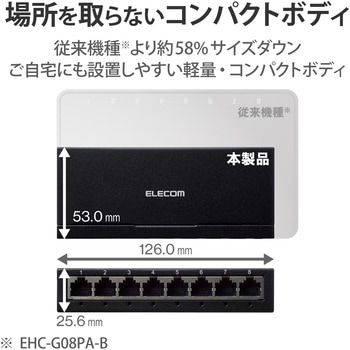 スイッチングハブ 8ポート Giga対応 1000/100/10Mbps 金属筐体 AC電源 ファンレス 静音 - エレコム