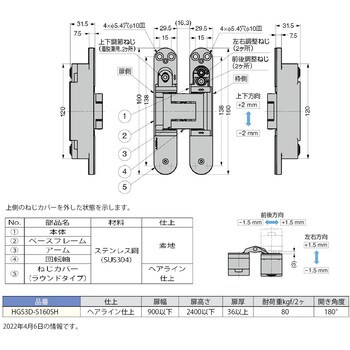 HGS3D-S160SH ステンレス鋼製隠し蝶番HGS3D-S160SH 三次元調整機能付