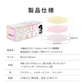 不織布マスク 4層 フルカバータイプ 3色セット ふつうサイズ(個包装) 30枚入り プラスライフ