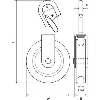 ワイヤロープ用ディスプレイパーツ ナイロンプーリー フック外れ止め付 使用ロープ径~9mm 水本機械製作所