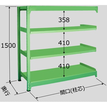 中量棚B型 連結 スチール 荷重500kg/段 グリーン色 4段 高さ1500mm B-9354R