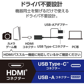 変換アダプタ HDMIキャプチャユニット ( HDMI to Type-C + USB A 変換 ) 1080P 30Hz 小型 軽量 ブラック エレコム