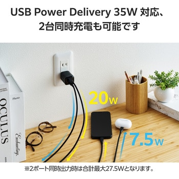 USB Type-C コンセント 充電器 PD 35W PPS USB-C×2 折りたたみプラグ 小型 GaN II 採用 エレコム