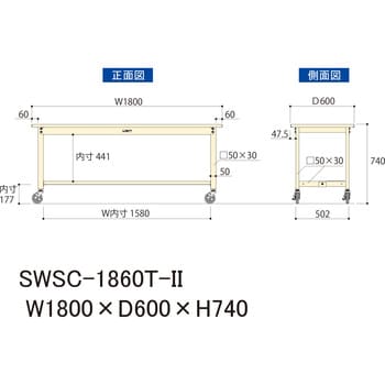 【軽量作業台】ワークテーブル耐荷重160kg(自重含む)・H740移動式(半面棚板付き)・スチール天板