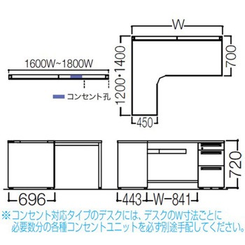 アドバンス L型左用右片袖3段B5引出無 配線カバーコンセント対応タイプ オカムラ(岡村製作所)