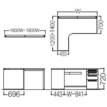アドバンス L型左用右片袖4段引出無 配線カバー標準タイプ オカムラ(岡村製作所)