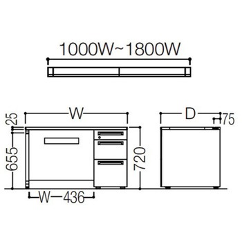 アドバンス 右片袖3段B5 中央引出し無 標準タイプ L脚 オカムラ(岡村製作所)
