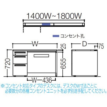 アドバンス 左片袖3段B5 中央引出し付(A3対応) コンセント対応タイプ L脚 オカムラ(岡村製作所)