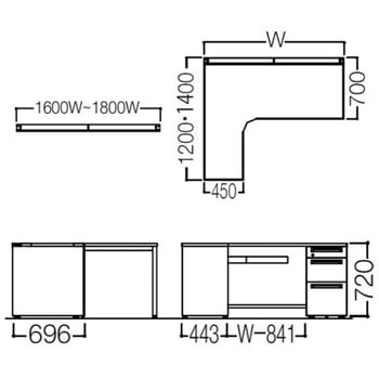 アドバンス L型左用右片袖3段B5引出無 配線カバー標準タイプ オカムラ(岡村製作所)