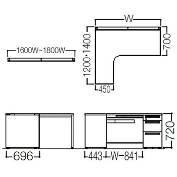 アドバンス L型左用右片袖3段B5引出付(A3対応) 配線カバー標準タイプ オカムラ(岡村製作所)