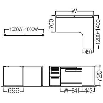 アドバンス L型右用左片袖4段引出付(A3対応) 配線カバー標準タイプ オカムラ(岡村製作所)