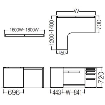 アドバンス L型左用右片袖4段引出無 配線カバー標準タイプ オカムラ(岡村製作所)