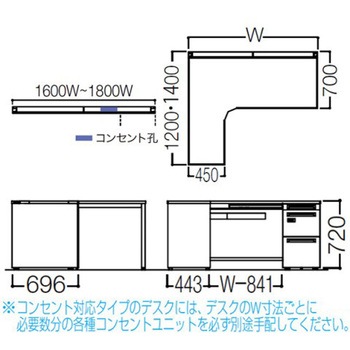 アドバンス L型左用右片袖3段引出付(A3対応) 配線カバーコンセント対応タイプ ダイヤル錠 オカムラ(岡村製作所)