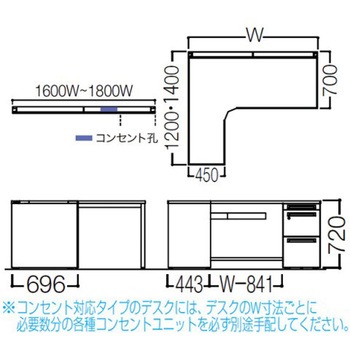 アドバンス L型左用右片袖3段引出無 配線カバーコンセント対応タイプ オカムラ(岡村製作所)