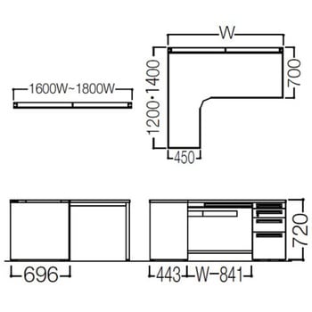 アドバンス L型左用右片袖4段引出付(A3対応) 配線カバー標準タイプ オカムラ(岡村製作所)