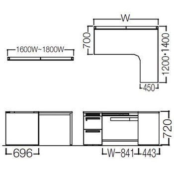 アドバンス L型右用左片袖3段引出付(A3対応) 配線カバー標準タイプ オカムラ(岡村製作所)