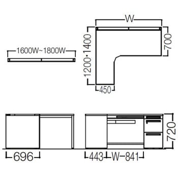 アドバンス L型左用右片袖3段引出付(A3対応) 配線カバー標準タイプ オカムラ(岡村製作所)