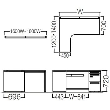 アドバンス L型左用右片袖3段引出無 配線カバー標準タイプ ダイヤル錠 オカムラ(岡村製作所)