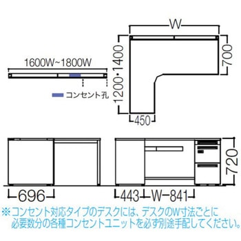 アドバンス L型左用右片袖3段引出無 配線カバーコンセント対応タイプ ダイヤル錠 オカムラ(岡村製作所)