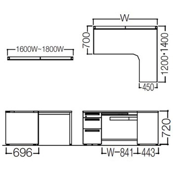 アドバンス L型右用左片袖3段B5引出付(A3対応) 配線カバー標準タイプ オカムラ(岡村製作所)