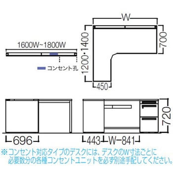 アドバンス L型左用右片袖3段引出無 配線カバーコンセント対応タイプ オカムラ(岡村製作所)