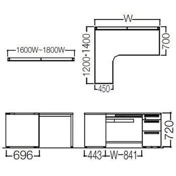 アドバンス L型左用右片袖3段B5引出付(A3対応) 配線カバー標準タイプ オカムラ(岡村製作所)