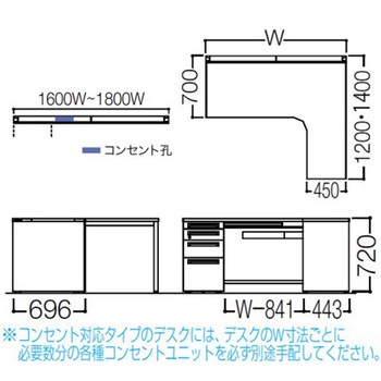 アドバンス L型右用左片袖4段引出付(A3対応) 配線カバーコンセント対応タイプ オカムラ(岡村製作所)