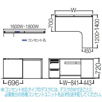アドバンス L型右用左片袖3段引出無 配線カバーコンセント対応タイプ オカムラ(岡村製作所)