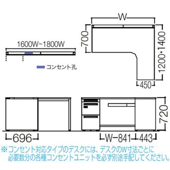 アドバンス L型右用左片袖3段引出無 配線カバーコンセント対応タイプ ダイヤル錠 オカムラ(岡村製作所)