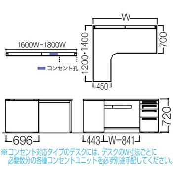 アドバンス L型左用右片袖4段引出無 配線カバーコンセント対応タイプ オカムラ(岡村製作所)