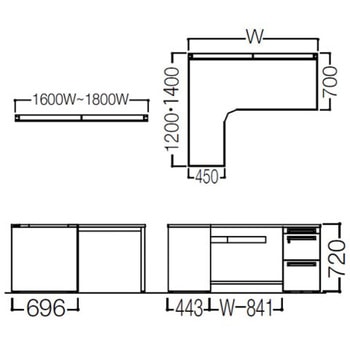 アドバンス L型左用右片袖3段引出無 配線カバー標準タイプ オカムラ(岡村製作所)
