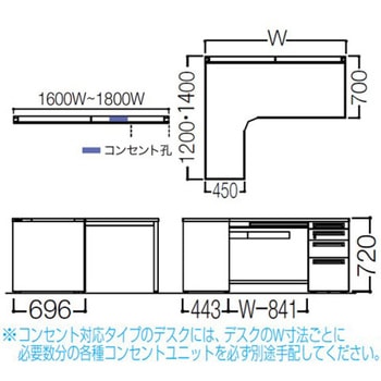 アドバンス L型左用右片袖4段引出付(A3対応) 配線カバーコンセント対応タイプ オカムラ(岡村製作所)