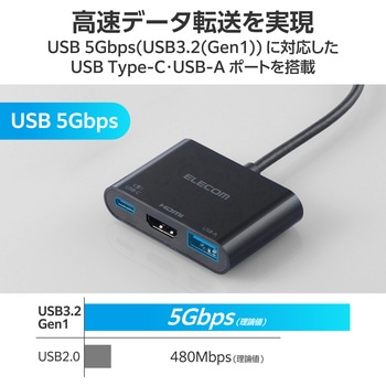 USB Type-C ドッキングステーション 3-in-1 ハブ PD 92W出力 急速充電 USB-C×1 USB-A×1 HDMI×1 エレコム