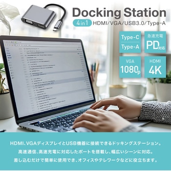 USB Type-C 4in1 ドッキングステーション(USB PD/87W・HDMI/4K・VGA/1080p・USB3.0/Type-A) AFF WARE