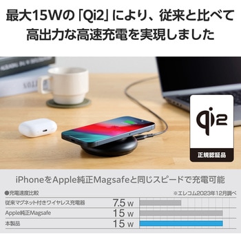 ワイヤレス充電器 Qi認証 Qi2対応 15W/7.5W/5W マグネット式 卓上スタンド 2Way ケーブル付属 1m エレコム