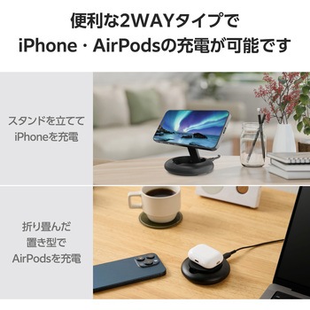 ワイヤレス充電器 Qi認証 Qi2対応 15W/7.5W/5W マグネット式 卓上スタンド 2Way ケーブル付属 1m エレコム
