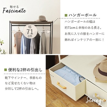 シンプルハンガーラック 引出し2杯 幅75cm 萩原