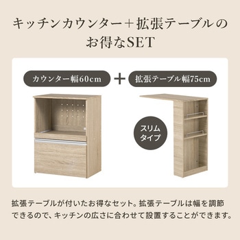 キッチンカウンター 拡張テーブルセット <スリム・収納庫タイプ 幅60cm> 萩原